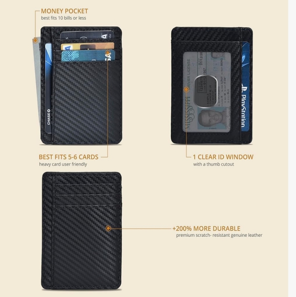 SLIM WALLET leather RFID blocker Mens Womens black minimalist EUC card gift - Picture 7 of 13
